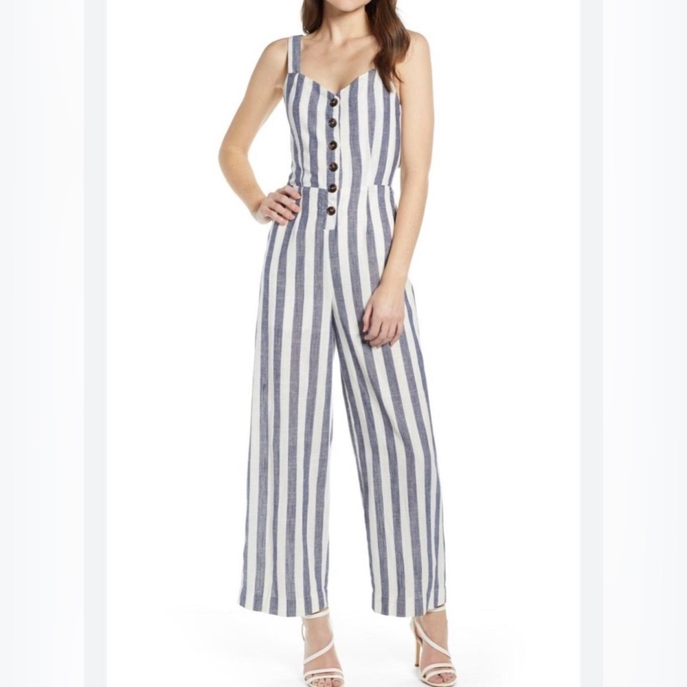 Japna Black Grey/Cream Striped 100% Cotton Jumpsuit, Size M Open Back Tie - Picture 11 of 11